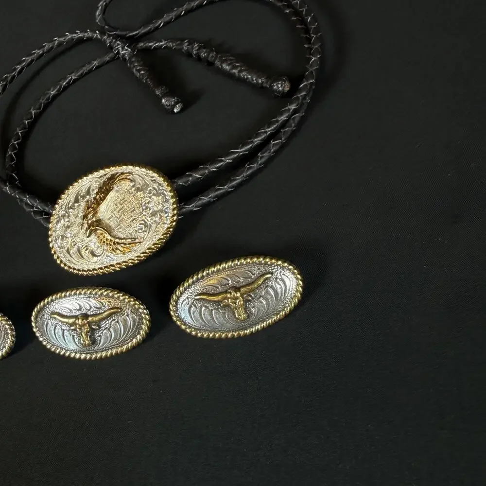 Crumrine Inc Eagle Bolo Tie Longhorn Concho Set Silver Gold Tone Western